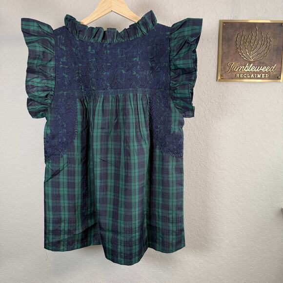 Women's J.Marie Green and Blue Plaid Embroidered Ruffle Sleeve Blouse Size S NEW - Picture 6 of 10